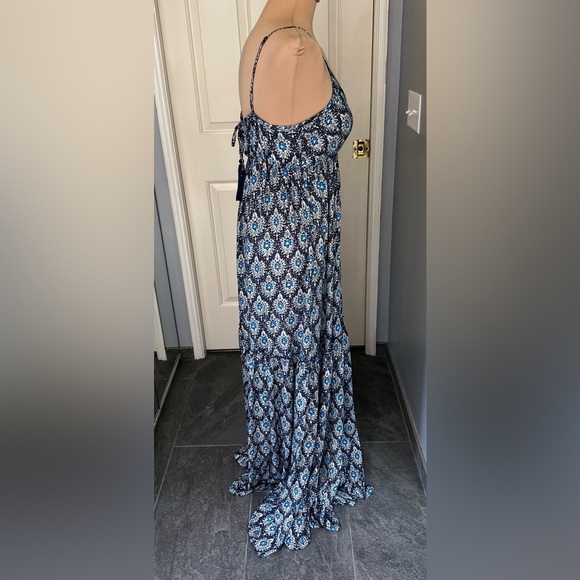 GOA Collection Paris Blue Geometric Floral Tiered Boho Maxi Dress - Picture 3 of 9